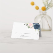 ネイビーブルーの花、ピンクの花、フラワーの結婚式 プレイスカード (正面)