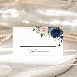 ネイビーブルーの花、ピンクの花、フラワーの結婚式 プレイスカード