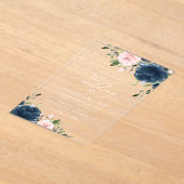 ネイビーブルーの花、ピンクの花、フローラ結婚ズ アクリル招待状 (レイダウン)