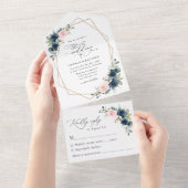 ネイビーブルーの花、ピンクの花、フローラ結婚ズ オールインワン招待状 (貼ってはがせる)