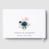 ネイビーブルーの花、ピンクの花、フローラ結婚ズ ゲストブック (裏面)