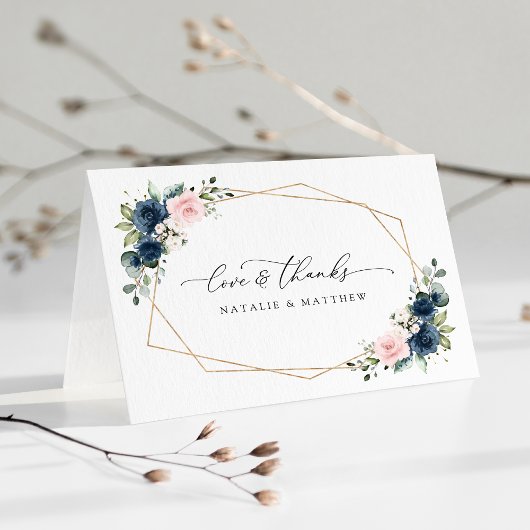 ネイビーブルーの花、ピンクの花、フローラ結婚ズ サンキューカード