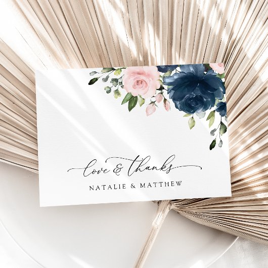 ネイビーブルーの花、ピンクの花、フローラ結婚ズ サンキューカード