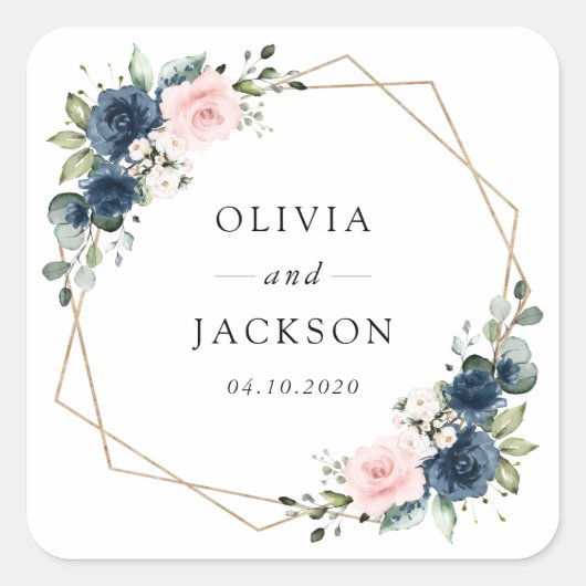 ネイビーブルーの花、ピンクの花、フローラ結婚ズ スクエアシール (正面)