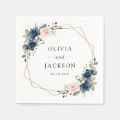 ネイビーブルーの花、ピンクの花、フローラ結婚ズ スタンダードカクテルナプキン (正面)