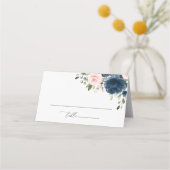 ネイビーブルーの花、ピンクの花、フローラ結婚ズ プレイスカード (正面)