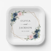 ネイビーブルーの花、ピンクの花、フローラ結婚ズ ペーパープレート (正面)