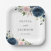 ネイビーブルーの花、ピンクの花、フローラ結婚ズ ペーパープレート (正面)