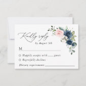ネイビーブルーの花、ピンクの花、フローラ結婚ズ 出欠カード (正面)