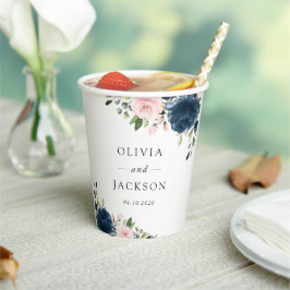 ネイビーブルーの花、ピンクの花、フローラ結婚ズ 紙コップ