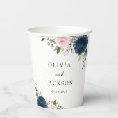 ネイビーブルーの花、ピンクの花、フローラ結婚ズ 紙コップ (裏面)