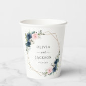 ネイビーブルーの花、ピンクの花、フローラ結婚ズ 紙コップ (裏面)