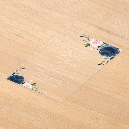 ネイビーブルーの花,ピンクの花,ブライダルシャワー アクリル招待状 (レイダウン)