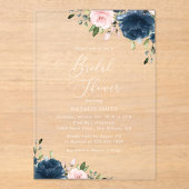 ネイビーブルーの花，ピンクの花，ブライダルシャワー アクリル招待状 (正面)
