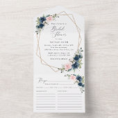 ネイビーブルーの花，ピンクの花，ブライダルシャワー オールインワン招待状 (内側)