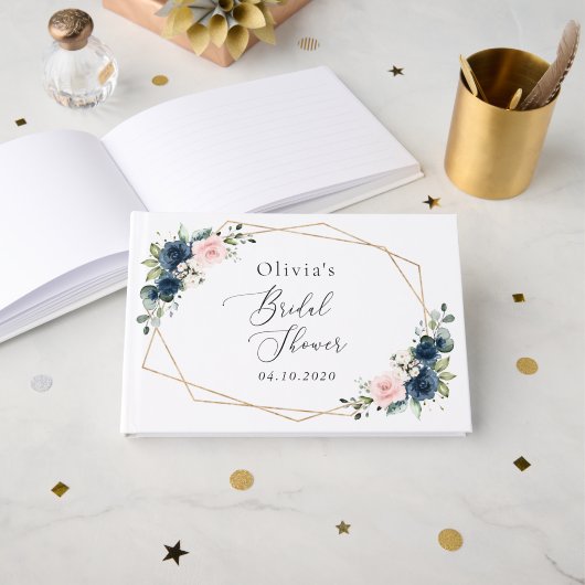 ネイビーブルーの花，ピンクの花，ブライダルシャワー ゲストブック (正面見開き)