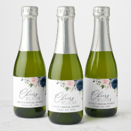 ネイビーブルーの花,ピンクの花,ブライダルシャワー スパークリングワインラベル
