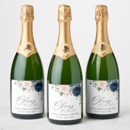 ネイビーブルーの花、ピンクの花、ブライダルシャワー スパークリングワインラベル