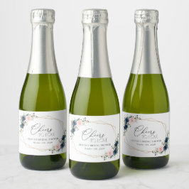 ネイビーブルーの花、ピンクの花、ブライダルシャワー スパークリングワインラベル