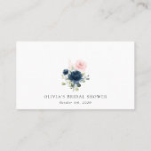 ネイビーブルーの花，ピンクの花，ブライダルシャワー プレイスカード (裏面)