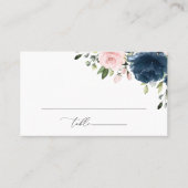 ネイビーブルーの花，ピンクの花，ブライダルシャワー プレイスカード (正面)