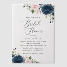 ネイビーブルーの花,ピンクの花,ブライダルシャワー ベラム紙招待状