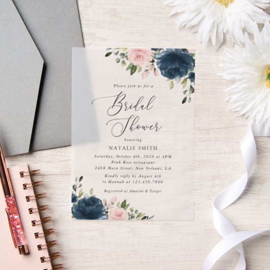 ネイビーブルーの花,ピンクの花,ブライダルシャワー ベラム紙招待状 (ウェディング)
