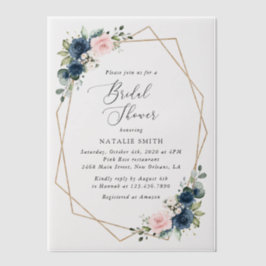ネイビーブルーの花，ピンクの花，ブライダルシャワー ベラム紙招待状