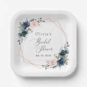 ネイビーブルーの花，ピンクの花，ブライダルシャワー ペーパープレート (正面)