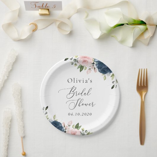 ネイビーブルーの花,ピンクの花,ブライダルシャワー ペーパープレート (ウェディング)