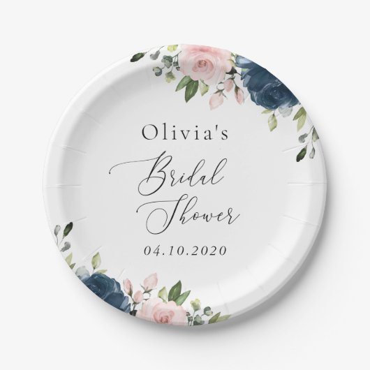ネイビーブルーの花,ピンクの花,ブライダルシャワー ペーパープレート (正面)