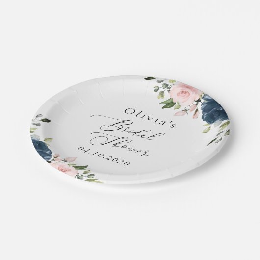ネイビーブルーの花,ピンクの花,ブライダルシャワー ペーパープレート (アングル)