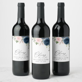 ネイビーブルーの花、ピンクの花、ブライダルシャワー ワインラベル