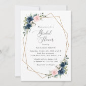 ネイビーブルーの花,ピンクの花,ブライダルシャワー 招待状 (正面)