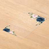 ネイビーブルーの花、ピンクの花、ボヘミアン、誕生日 アクリル招待状 (レイダウン)