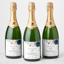 ネイビーブルーの花、ピンクの花、ボヘミアン、誕生日 スパークリングワインラベル