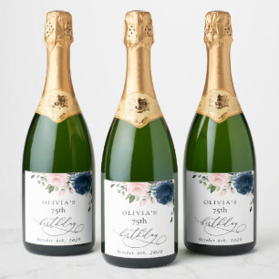 ネイビーブルーの花、ピンクの花、ボヘミアン、誕生日 スパークリングワインラベル