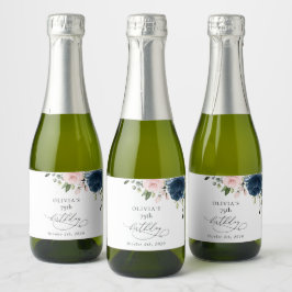 ネイビーブルーの花、ピンクの花、ボヘミアン、誕生日 スパークリングワインラベル