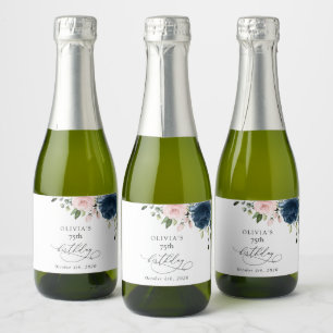 ネイビーブルーの花、ピンクの花、ボヘミアン、誕生日 スパークリングワインラベル