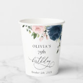 ネイビーブルーの花、ピンクの花、ボヘミアン、誕生日 紙コップ (裏面)