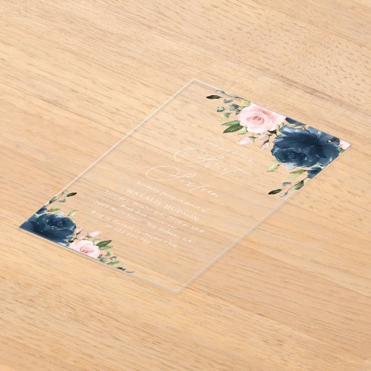 ネイビーブルーの花、ピンクの花、ボヘミア、スイート16 アクリル招待状 (レイダウン)