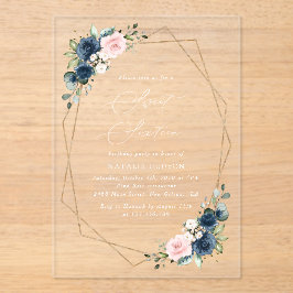 ネイビーブルーの花，ピンクの花，ボホ，甘い16 アクリル招待状