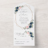 ネイビーブルーの花，ピンクの花，ボホ，甘い16 オールインワン招待状 (内側)