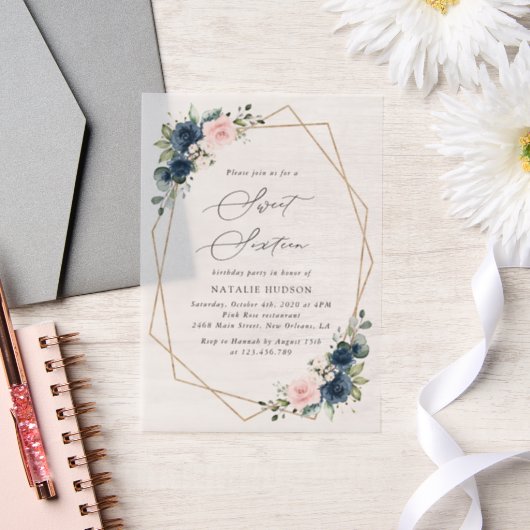 ネイビーブルーの花，ピンクの花，ボホ，甘い16 ベラム紙招待状 (ウェディング)