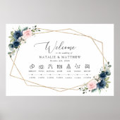 ネイビーブルーの花、ピンクの花、結婚式のタイムライン ポスター (正面)