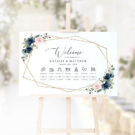 ネイビーブルーの花、ピンクの花、結婚式のタイムライン ポスター