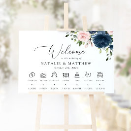 ネイビーブルーの花、ピンクの花、結婚式のタイムライン ポスター