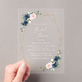 ネイビーブルーの花、ピンクの花、結婚式前祝い アクリル招待状 (インサイチュ (ポータブル))