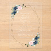 ネイビーブルーの花、ピンクの花、結婚式前祝い アクリル招待状 (正面)