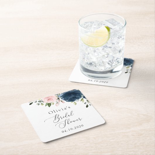 ネイビーブルーの花、ピンクの花、結婚式前祝い スクエアペーパーコースター (インサイチュ)